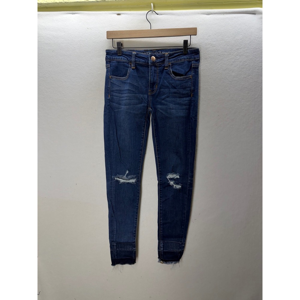 American Eagle Jegging Womens 4 Blue Distressed Super Stretch Raw Hem 3608